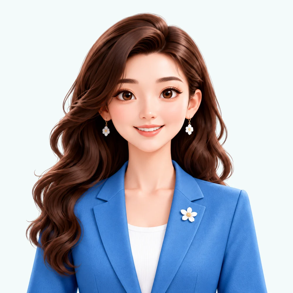 阿娅，身着蓝色西装的少儿中文陪练